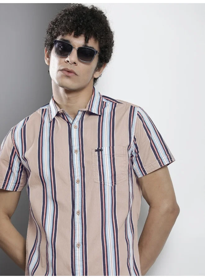 The Indian Garage Co Men Regular Fit Striped Half Sleeves Cutaway Collar Casual Shirt