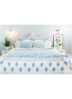 OJARIYA King Size Blue and Green Organic Color Hand Block Printed On Premium Organic Cotton Bed Sheet (with 250 TC)  - Image 1