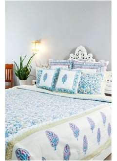 OJARIYA King Size Blue and Green Organic Color Hand Block Printed On Premium Organic Cotton Bed Sheet (with 250 TC)  - Image 3