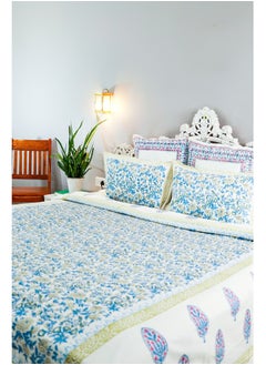OJARIYA King Size Blue and Green Organic Color Hand Block Printed On Premium Organic Cotton Bed Sheet (with 250 TC)  - Image 2