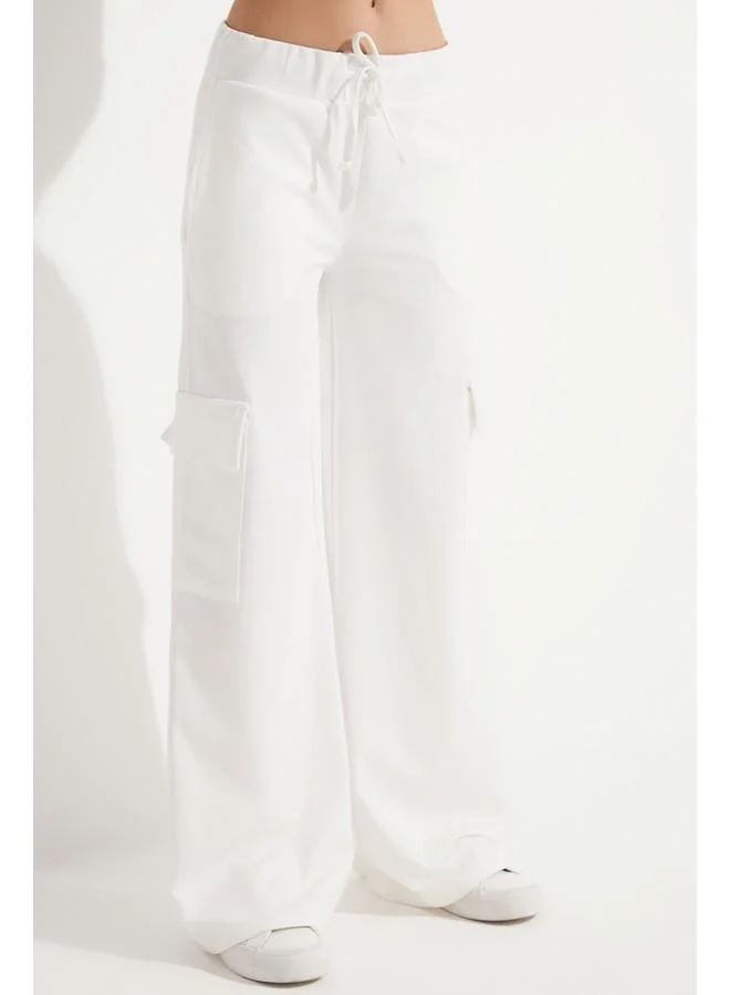 جون June Pocket Straight Fit Wide Leg Trouser White