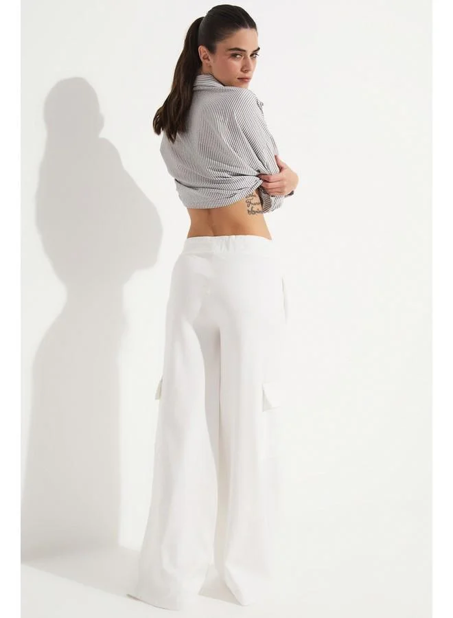 جون June Pocket Straight Fit Wide Leg Trouser White