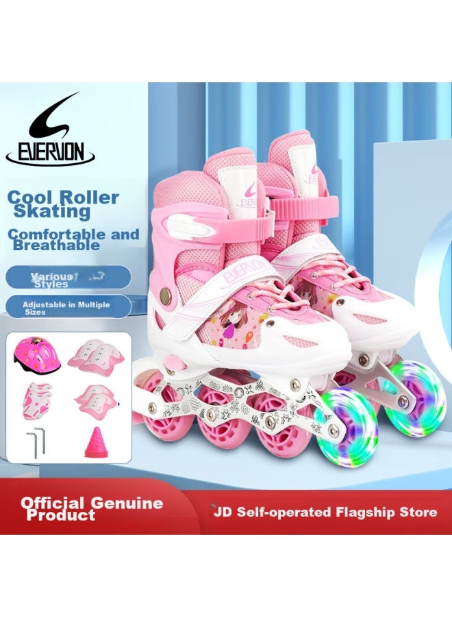 Evervon Roller Skates For Children Beginners, Boys And Girls, Inline Skates With Lights, Adjustable Size, 337 Pink M - Image 1