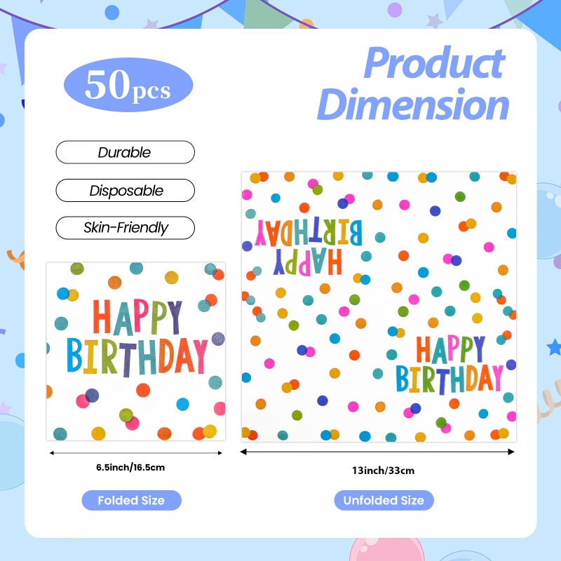 HFBOBP 50PCS Happy Birthday Paper Napkins 13 x 13 Inches Luncheon Napkins Cocktail Napkins Disposable Colourful Dots Theme Decorations Supplies for Kids Birthday, Baby Shower Party - Image 2