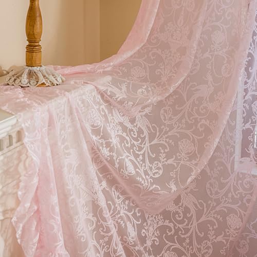 TUDECO Pink Lace Curtains 63 Inch Length - Cute Princess Short Girly Panels for Nursery Bedroom, French Translucen Rod Pocket Privacy Valentines Day Curtains, 59 x 63 Inch, Light Pink - Image 4