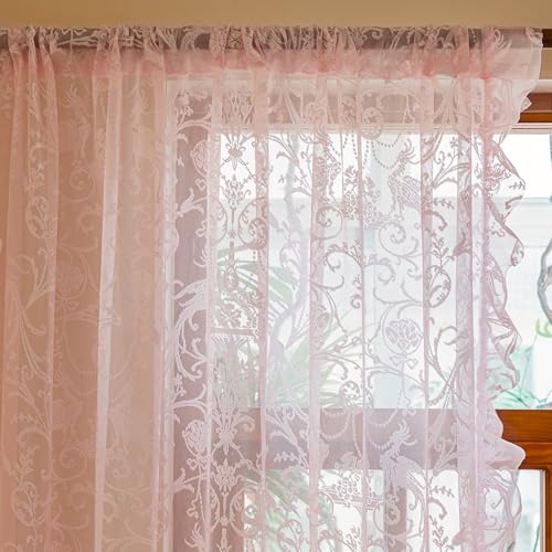 TUDECO Pink Lace Curtains 63 Inch Length - Cute Princess Short Girly Panels for Nursery Bedroom, French Translucen Rod Pocket Privacy Valentines Day Curtains, 59 x 63 Inch, Light Pink - Image 2