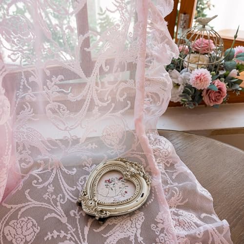 TUDECO Pink Lace Curtains 63 Inch Length - Cute Princess Short Girly Panels for Nursery Bedroom, French Translucen Rod Pocket Privacy Valentines Day Curtains, 59 x 63 Inch, Light Pink - Image 5