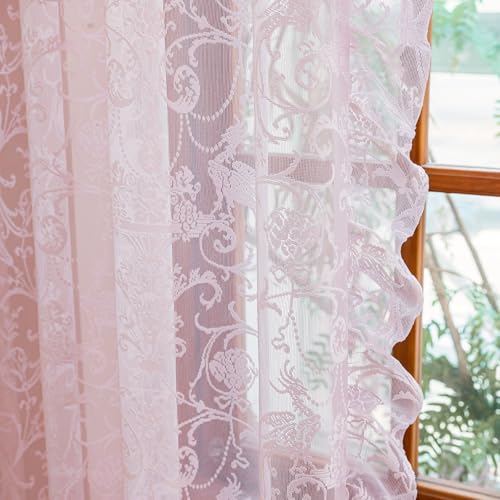 TUDECO Pink Lace Curtains 63 Inch Length - Cute Princess Short Girly Panels for Nursery Bedroom, French Translucen Rod Pocket Privacy Valentines Day Curtains, 59 x 63 Inch, Light Pink - Image 1