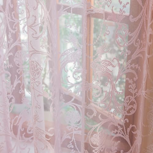 TUDECO Pink Lace Curtains 63 Inch Length - Cute Princess Short Girly Panels for Nursery Bedroom, French Translucen Rod Pocket Privacy Valentines Day Curtains, 59 x 63 Inch, Light Pink - Image 3
