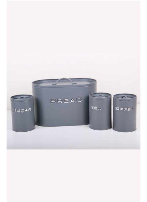 A set of sugar, tea and coffee storage containers with a bread box