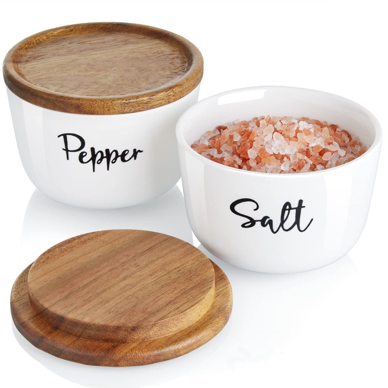 DAYYET Salt and Pepper Bowls 10 oz Salt Cellar with Lid Stacked Ceramic Salt Pepper Container with Acacia Wood Lid Salt Box for Countertop Modern Kitchen Decor Set of 2 White