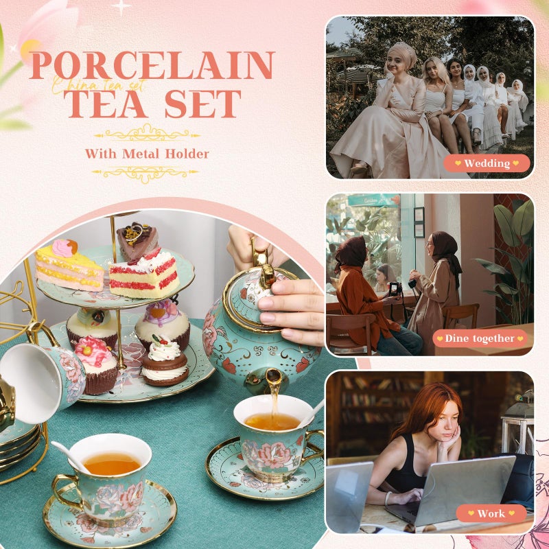 Suttmin 21 Pcs Ceramic Teapot Set Vintage Porcelain Tea Cups with Metal Holder and High Tier Cupcake Stand Saucers for Women Girls Farmhouse European Weddings Party Decor Gifts(Green,Summer) - Image 5
