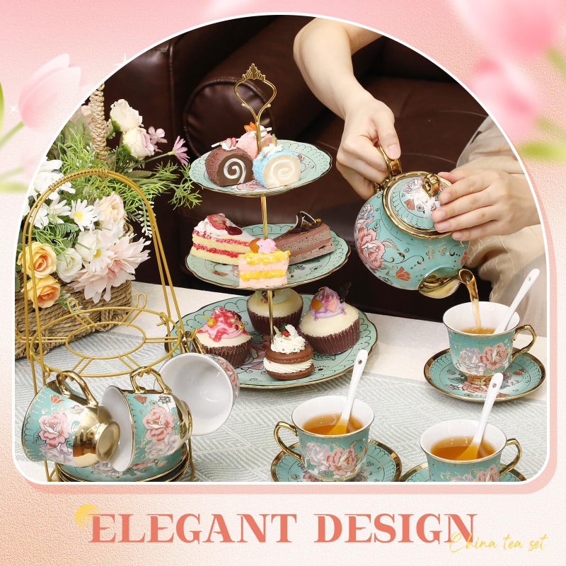 Suttmin 21 Pcs Ceramic Teapot Set Vintage Porcelain Tea Cups with Metal Holder and High Tier Cupcake Stand Saucers for Women Girls Farmhouse European Weddings Party Decor Gifts(Green,Summer) - Image 3