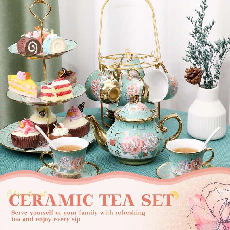 Suttmin 21 Pcs Ceramic Teapot Set Vintage Porcelain Tea Cups with Metal Holder and High Tier Cupcake Stand Saucers for Women Girls Farmhouse European Weddings Party Decor Gifts(Green,Summer) - Image 4