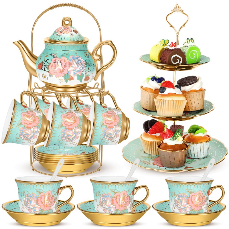 Suttmin 21 Pcs Ceramic Teapot Set Vintage Porcelain Tea Cups with Metal Holder and High Tier Cupcake Stand Saucers for Women Girls Farmhouse European Weddings Party Decor Gifts(Green,Summer) - Image 1