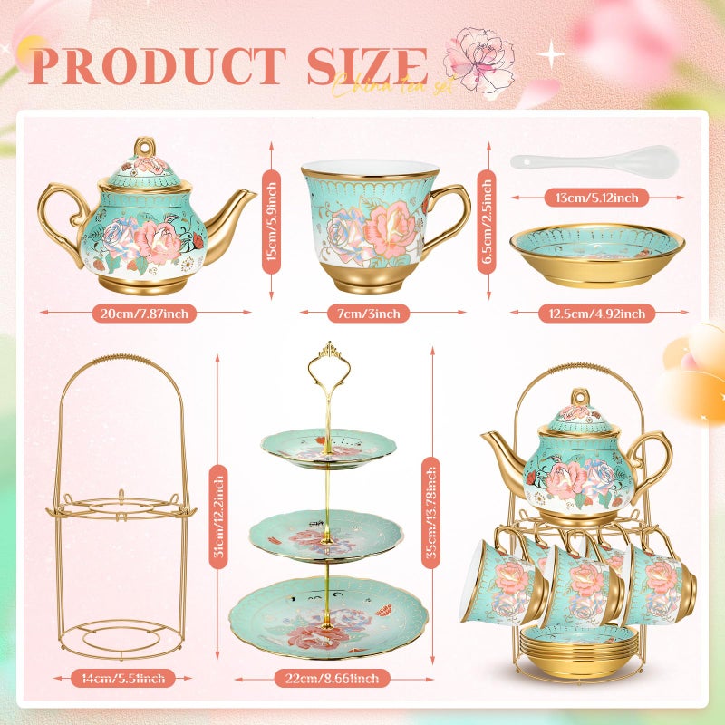 Suttmin 21 Pcs Ceramic Teapot Set Vintage Porcelain Tea Cups with Metal Holder and High Tier Cupcake Stand Saucers for Women Girls Farmhouse European Weddings Party Decor Gifts(Green,Summer) - Image 2