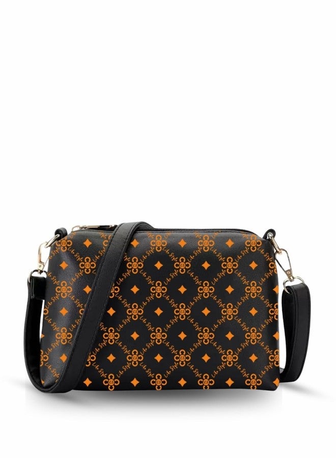 LIKE STYLE Sling Bag Women Ladies Girls Printed PU Rexine adjustable and detachable Brandcarry Hand Purse Crossbody (BLACK) - Image 1