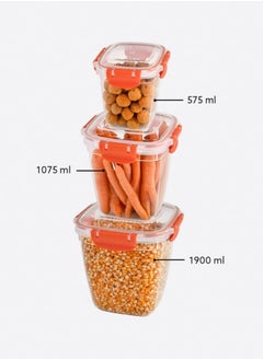 dunya Plastic square container set box food storage box made of free plastic airtight clip lid dishwasher & freezer safe easy store fruit & vegetables 575 1075 1900 ml orange  - Image 1
