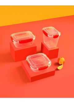 dunya Plastic square container set box food storage box made of free plastic airtight clip lid dishwasher & freezer safe easy store fruit & vegetables 575 1075 1900 ml orange  - Image 2