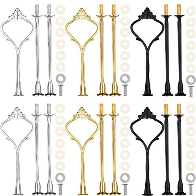 Patelai 6 Sets 3 Tier Cake Stand Fittings Cake Stand Hardware Metal Tray Holder Dessert Serving Trays Support Rod for Resin Crafts DIY Making Cupcake Serving Decoration(Black, Gold, Silver)