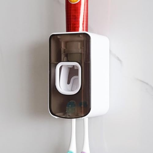 LUEXBOX 2 Slot Toothbrush Holder and Toothpaste Dispenser Wall Mounted, Automatic Toothpaste Squeezer, 2 in 1 Tooth Brush Toothpaste Organizer for Shower (Grey) - Image 1