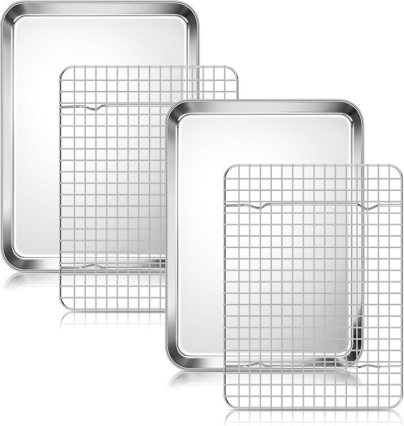 Homikit Quarter Sheet Pan with Wire Rack Set (2 Baking Sheets+2 Racks), Stainless Steel Baking Tray with Grid Cooling Rack for Toaster Oven Roasting, Metal Bacon Cookie Jelly Roll Pan, 12" x 10" Inch - Image 1