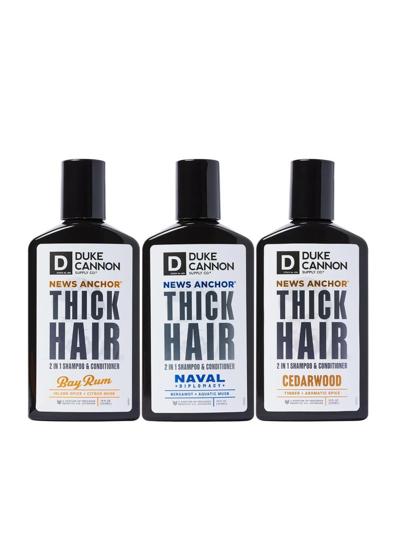 Duke Cannon Supply Co. Duke Cannon News Anchor 2-in-1 Hair Wash, 3-Pack (10 oz Each) - Bay Rum, Naval Diplomacy, Cedarwood Scents | Shampoo & Conditioner Combo for Men | Strengthening & Scalp-Stimulating | Sulfate-Free  - Image 2