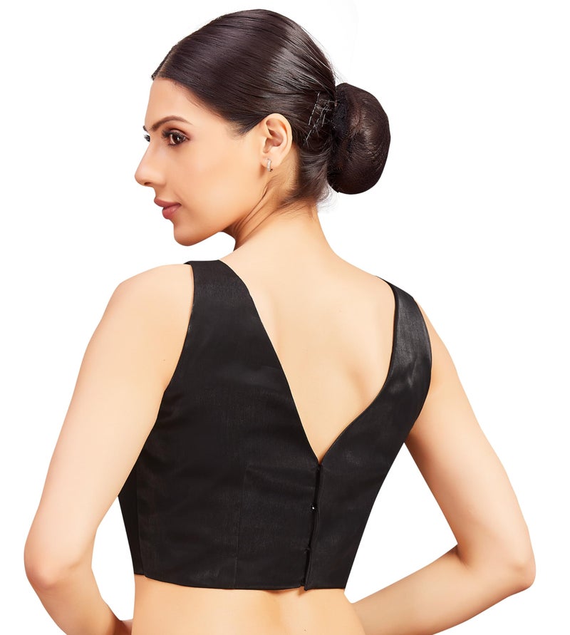 Studio Shringaar Readymade Women's Satin Sleeveless Padded Saree Blouse (Black,38) - Image 2