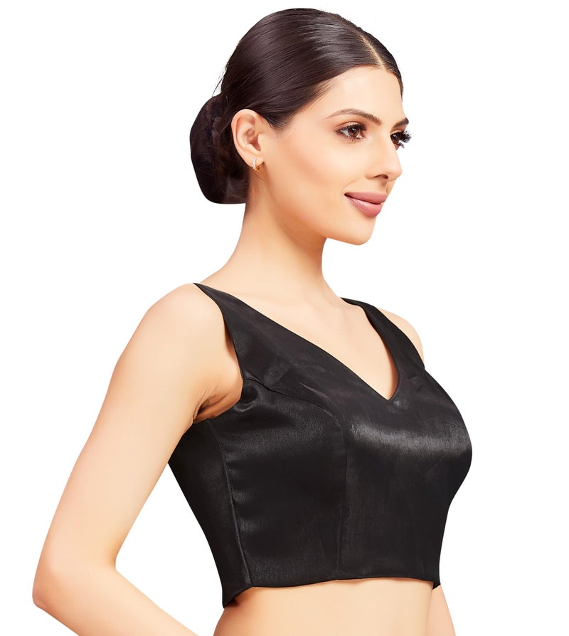 Studio Shringaar Readymade Women's Satin Sleeveless Padded Saree Blouse (Black,38) - Image 4