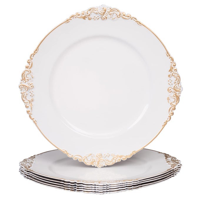 WHITE CHARGER PLATES WITH GOLD RIM ROUND ANTIQUE PLATE CHARGERS FOR DINNER PLATES 13 PLASTIC CHARGER FOR WEDDING TABLE SETTING SET OF 6