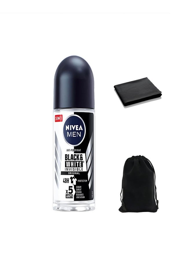 NIVEA Black & White Invisible Original Anti-Perspirant Roll-On, 48H Protection, Prevents White Marks & Yellow Stains, Alcohol-Free, Gentle on Skin, 50ml Roll-On, Includes Travel Pouch and Cloth - Image 1