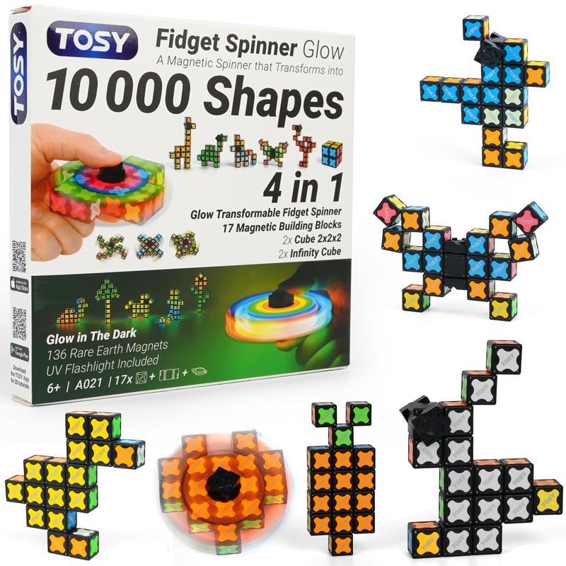 TOSY Magnet Fidget Spinner Glow 16 Blocks 3in1 Toy Transformable Fidget Spinner InfinityPuzzle Cube Easter Basket Stuffers Gift for KidsAdults Glowing STEM Sensory Stress Relief - Image 3