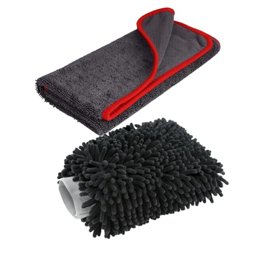 Auto Hub Microfiber Car Cleaning Cloth and Wash Mitt Kit - Includes Ultra Soft 600 GSM Extra Large (60x40 CM) Microfiber Cloth for Car and Dual Sided Chenille Microfiber Wash Mitt 1700 GSM - Image 1