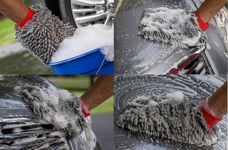 Auto Hub Microfiber Car Cleaning Cloth and Wash Mitt Kit - Includes Ultra Soft 600 GSM Extra Large (60x40 CM) Microfiber Cloth for Car and Dual Sided Chenille Microfiber Wash Mitt 1700 GSM - Image 3