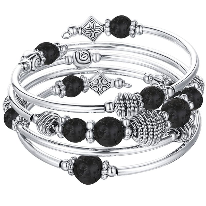 PEARL&CLUB Beaded Chakra Bangle Turquoise Bracelet - Fashion Jewelry Wrap Bracelet with Thick Silver Metal and Mala Beads, Birthday Gifts For Women(Lava stone) - Image 1