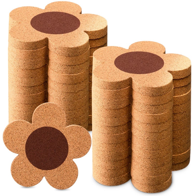 Foaincore 24 Pcs Thick Flower Cork Coasters for Drinks 4 Inch Absorbent Reusable Farmhouse Rustic Wood Drink Coasters for Coffee Wine Mug Desk Glass Table Aesthetic Cute Apartment Decoration