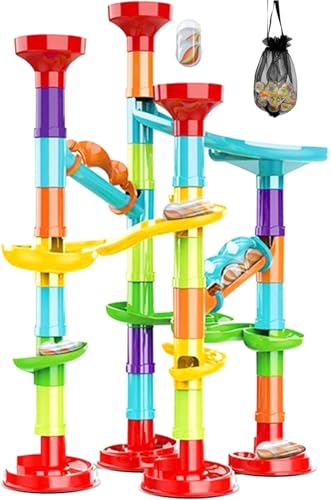PLMMOUT 50Pcs Marble RunMarble Track Educational Learning ToyMarble Maze Construction Building Blocks with 30 Glass MarblesSmall Marble Runs Game for Girls Boys Birthday Gifts - Image 1