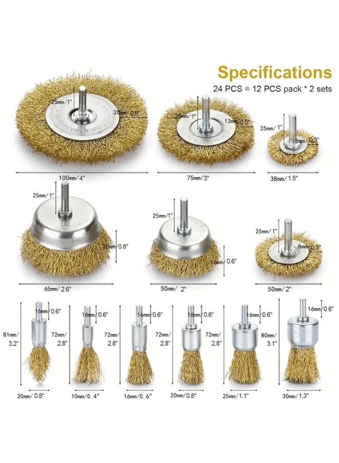 24 Piece Drill Bit Wire Wheel Brush Set Brass Cup End For Rust Removal - Image 3