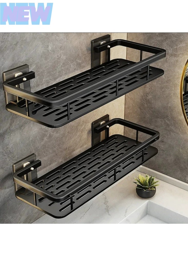 【أسود】2 حزمة دش الكادي رف، سلة الحمام المقاومة للصدأ للدش، غير الحفر اللاصق دش الكادي، الجدار المثبتة على الرف الزاوية، الشامبو حامل تخزين رف المنظم للحمام / المرحاض / المطبخ - Image 1