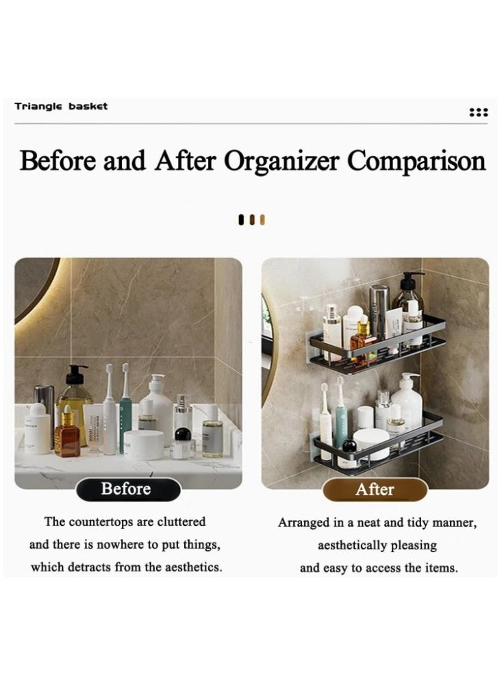 【أسود】2 حزمة دش الكادي رف، سلة الحمام المقاومة للصدأ للدش، غير الحفر اللاصق دش الكادي، الجدار المثبتة على الرف الزاوية، الشامبو حامل تخزين رف المنظم للحمام / المرحاض / المطبخ - Image 5