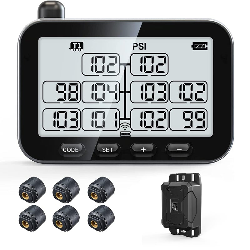 GUTA Trailer Tire Pressure Monitoring System RV TPMS with 6 Sensors 6 Alert Modes Signal Booster Power Saving Display Long Sensing Distance for 3 Trailers T1T2T3 for Camper Motor Homes