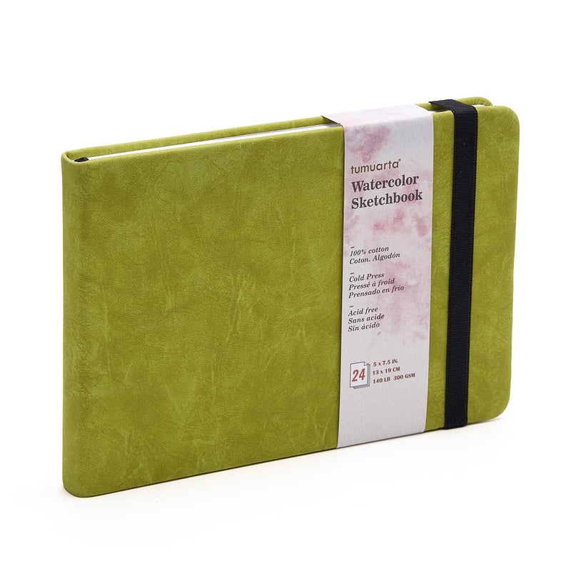 tumuarta Watercolor Sketchbook, 5x7.5, 140 LB, 300 GSM, 100% Cotton Paper, Cold Press, 24 Sheets, 48 Pages, Watercolor Journal for Use As Travel Sketch Book and Mixed Media Pad On The Go.5x7.5 Green - Image 1