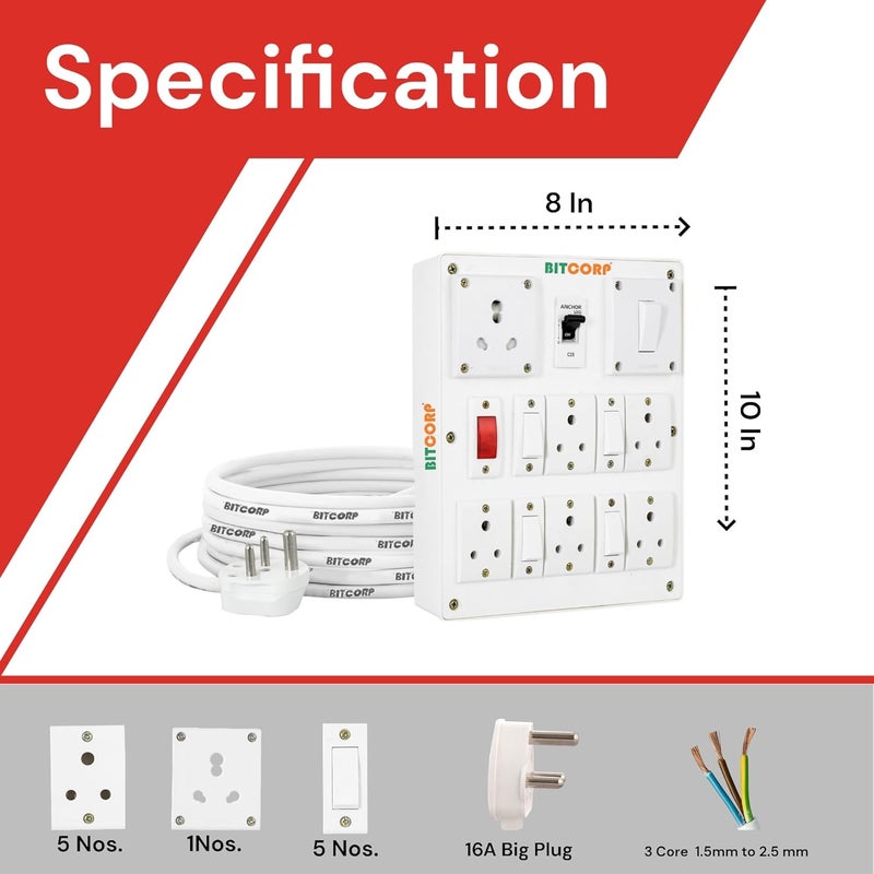 BITCORP Bitcorp Extension Board Heavy Duty Box 6A 16A 20A with Thermal Protection 6 Way Socket 5 Switch 2500W Surge Protection with 8 Meter Long Cable Cord Wall Mount White  - Image 3