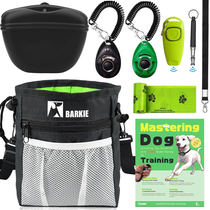 BARKIE Dog Training Kit - Treat Pouch, Pet Training Fanny Pack, 2 Puppy Training Clickers, Ultrasonic Silent Whistle, 2-in-1 Whistle Clicker, Clicker Training Guide Booklet, Dog Poop Bag (Black) - Image 1