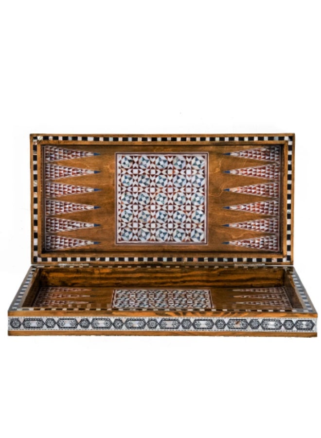 Handmade Backgammon & Chess Wooden Folding Board with Geometric Chess-Style Shell Inlay, Honey Brown - Size 40x40 cm - Image 3