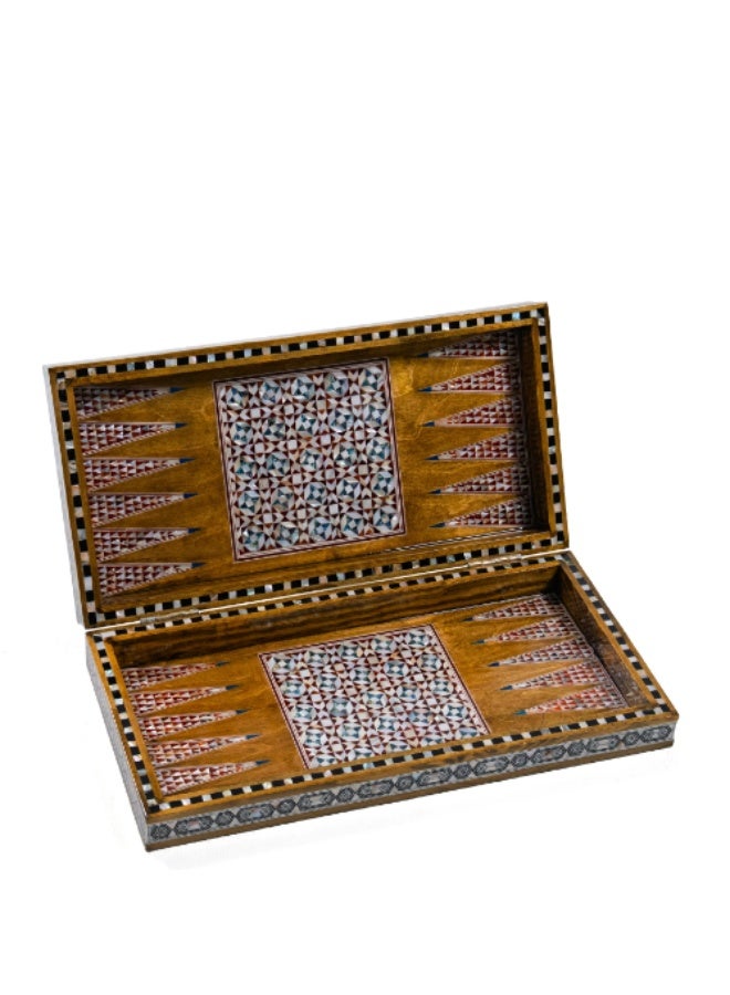 Handmade Backgammon & Chess Wooden Folding Board with Geometric Chess-Style Shell Inlay, Honey Brown - Size 40x40 cm - Image 1