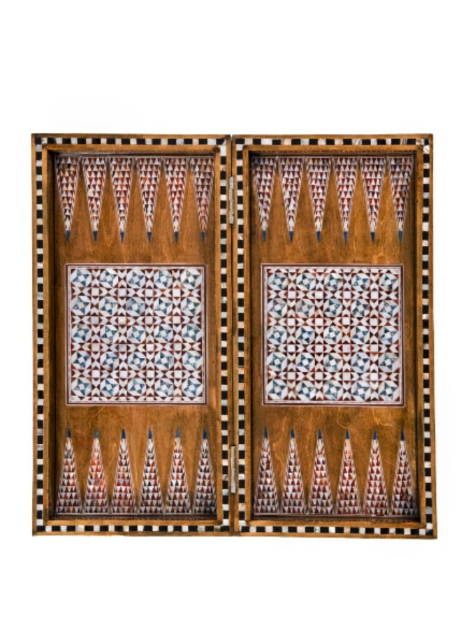 Handmade Backgammon & Chess Wooden Folding Board with Geometric Chess-Style Shell Inlay, Honey Brown - Size 40x40 cm - Image 2