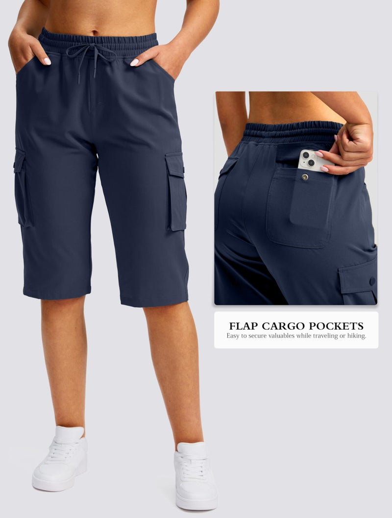 Viodia 15" Long Shorts for Women Hiking Cargo Bermuda Shorts Lightweight Quick Dry Knee Length Capris for Summer Travel Fishing Navy - Image 3