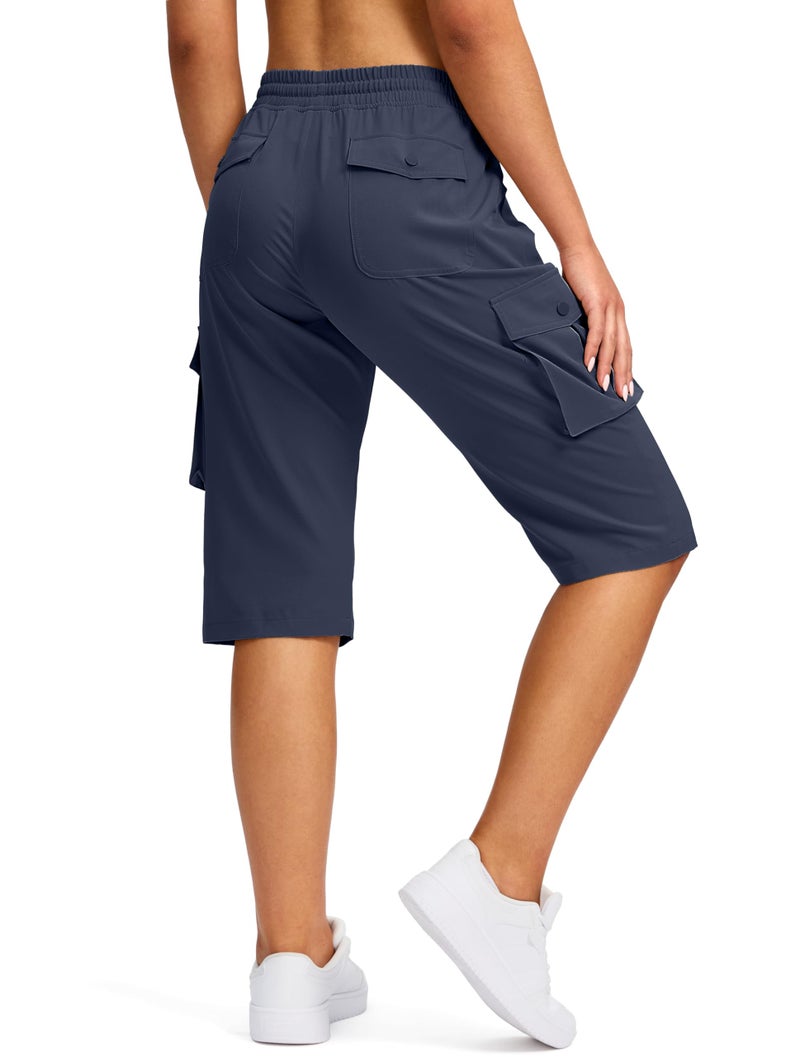 Viodia 15" Long Shorts for Women Hiking Cargo Bermuda Shorts Lightweight Quick Dry Knee Length Capris for Summer Travel Fishing Navy - Image 1