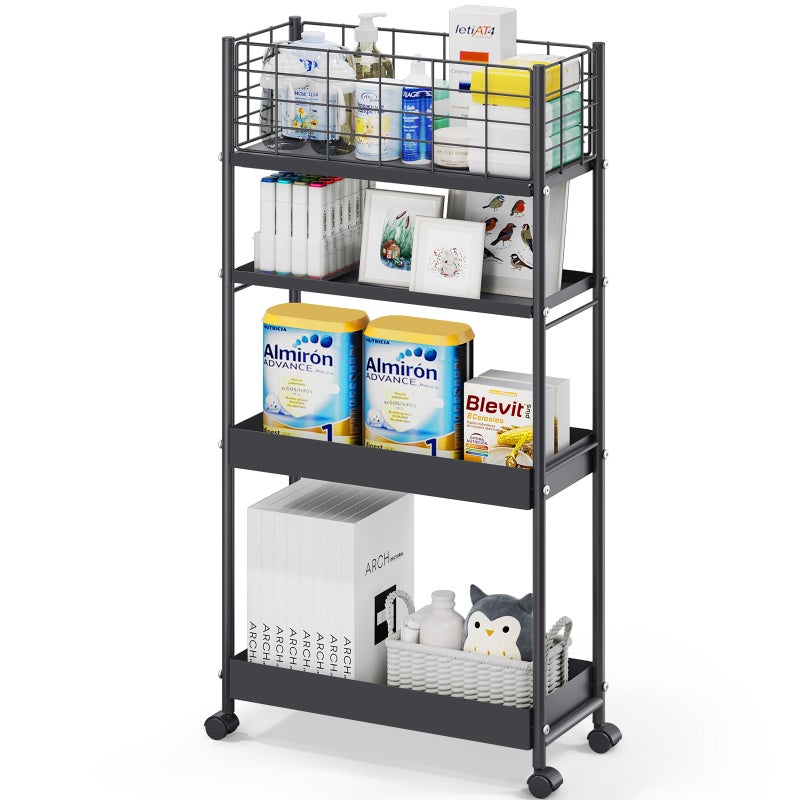 KINGRACK Slim Storage Cart 4Tier Metal Utility Rolling Cart with WheelsBathroom Organizer Skinny Rolling Trolley Mobile Shelving Unit for Office Laundry Room Narrow Place Black